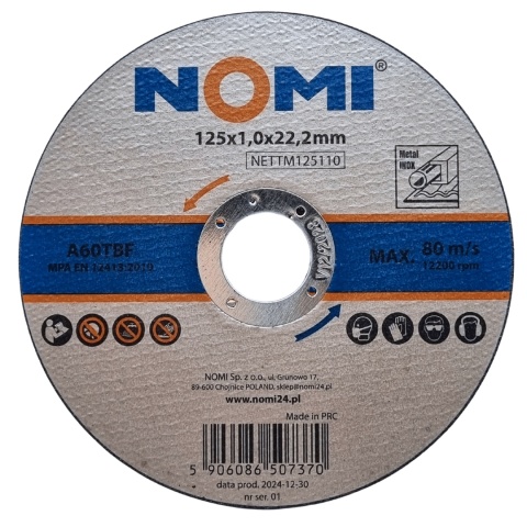 Tarcza do cięcia metalu 125 x 1,0 mm do stali nierdzewnej Inox NOMI Tarcza do cięcia metalu 125 x 1,0 mm do stali nierdzewnej Inox NOMI