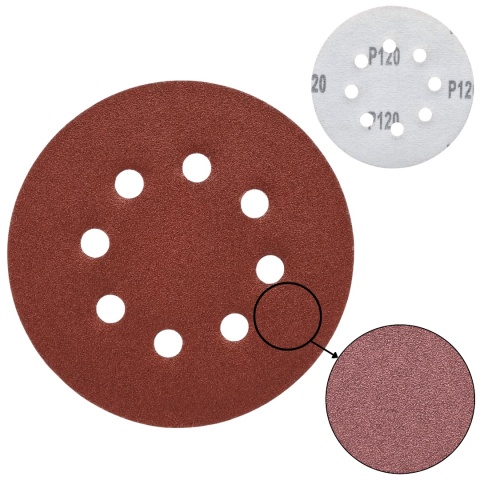 Krążek ścierny 125mm na rzep z 8 otworami 20szt. P120 Krążek ścierny 125mm na rzep z 8 otworami 20szt. P120