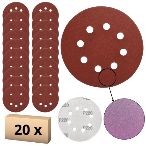 Krążek ścierny 125mm na rzep z 8 otworami 20szt. P220 Krążek ścierny 125mm na rzep z 8 otworami 20szt. P220