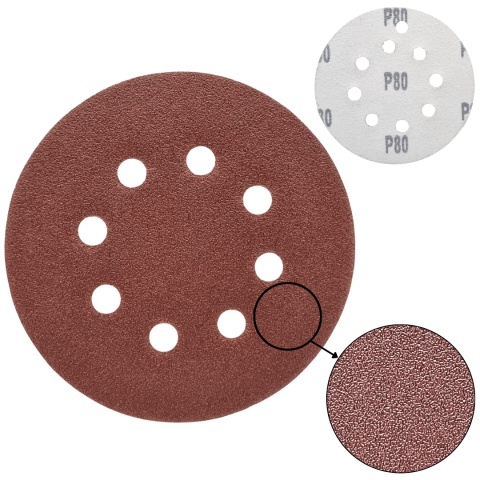 Krążek ścierny 125mm na rzep z 8 otworami 20szt. P80 Krążek ścierny 125mm na rzep z 8 otworami 20szt. P80