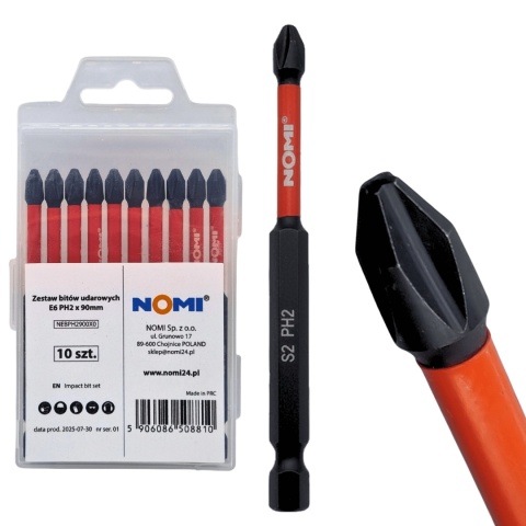 Zestaw 10 sztuk bitów udarowych E6 PH2 x 90mm NOMI