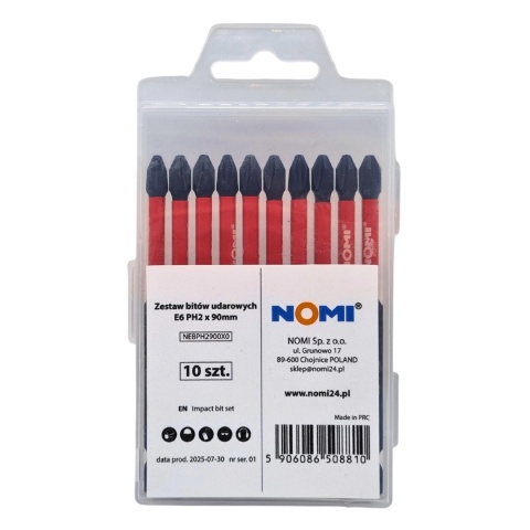 Zestaw 10 sztuk bitów udarowych E6 PH2 x 90mm NOMI