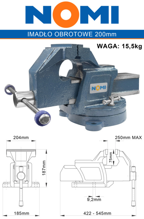 Imadło ślusarskie obrotowe 200mm z kowadłem NOMI