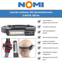 Latarka czołowa LED akumulatorowa S-NOVA 100 lm NOMI